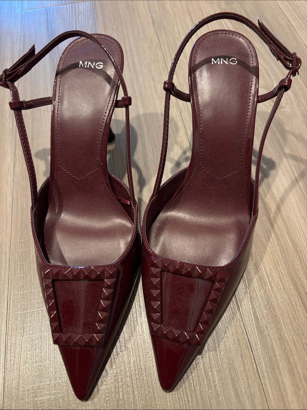 Mango Burgundy Pointed Studded Slingback Heels